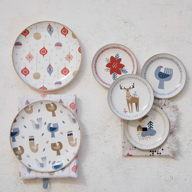Hello Honey® 8" Round Bird & Ornament Print Stoneware Holiday Plates, 4ct.