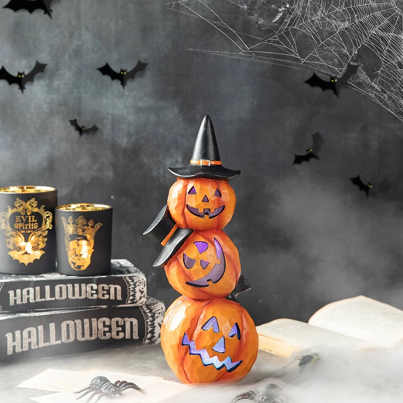 Glitzhome® 14" Lighted Halloween Stacked Resin Pumpkin Table Décor