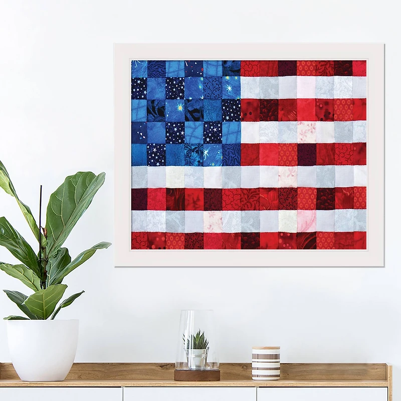 American Flag Quilt White Framed Print Under Plexiglass