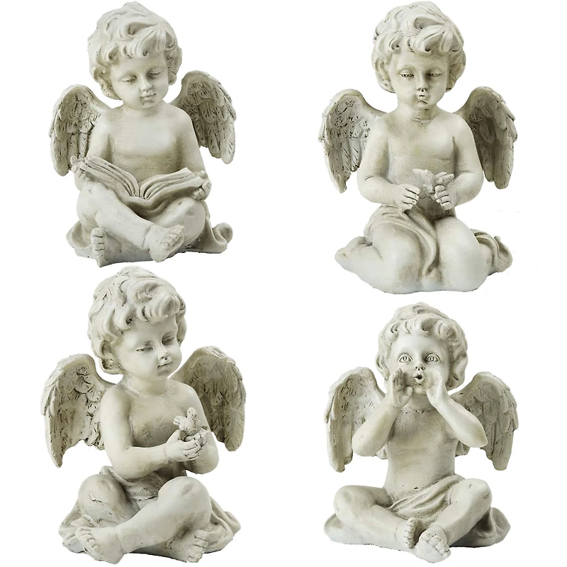 6.5" Gray Cherub Angel Outdoor Garden Statues Set Of 4