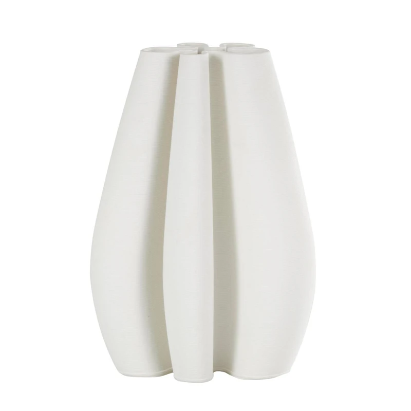 White Ceramic Abstract Ribbed Dimensional Concaved Vase with Floral Shaped Rim