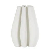 White Ceramic Abstract Ribbed Dimensional Concaved Vase with Floral Shaped Rim
