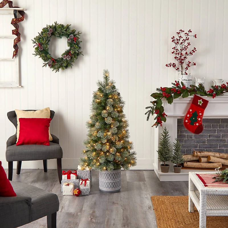 4.5ft. Pre-Lit Nova Scotia Pine Artificial Christmas Tree in Engraved Geometric Stone Planter, Warm White LED Lights