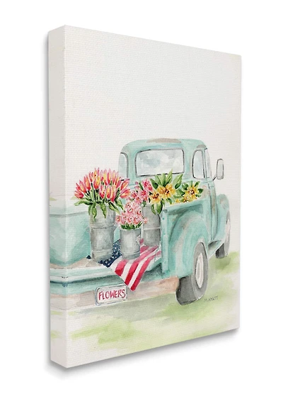 Stupell Industries Vintage Blue Pick-Up Truck Floral Farm Bouquets Canvas Wall Art