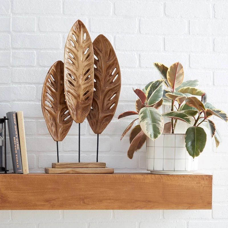 Brown Teak Wood Natural Leaves Sculpture, 23" x 12" x 5"