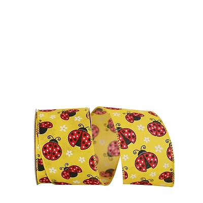 JAM Paper 2.5" x 10yd. Faux Linen Wired Yellow Ladybugs Ribbon