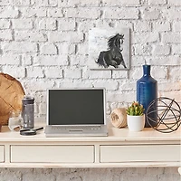 Stupell Industries Wild Black Horse Galloping over Abstract White Wood Wall Plaque