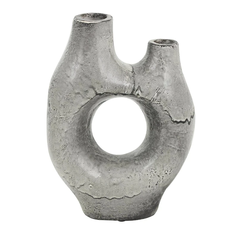 Gray Paper Mache Abstract Circular Vase with Dual Openings