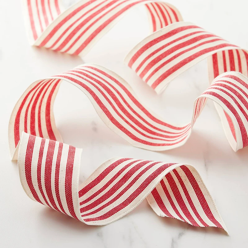 2.5" x 25ft. Red & Ivory Stripe Faux Cotton Wired Ribbon by Celebrate It™
