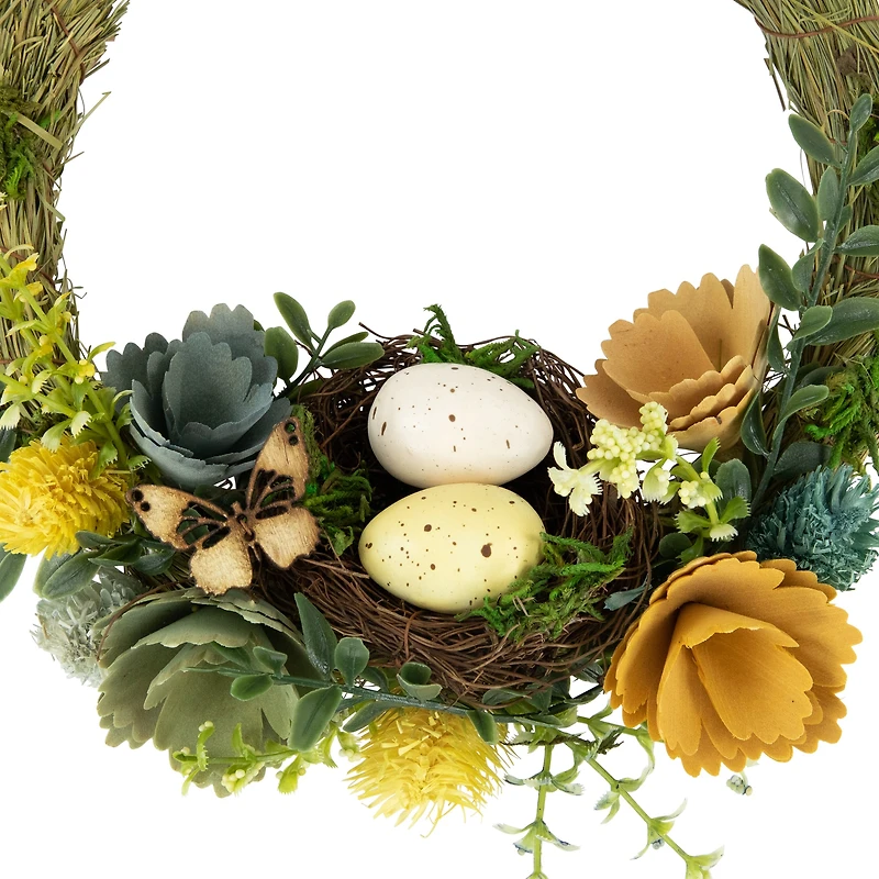 9" Easter Egg, Birds Nest & Wooden Flower Wreath