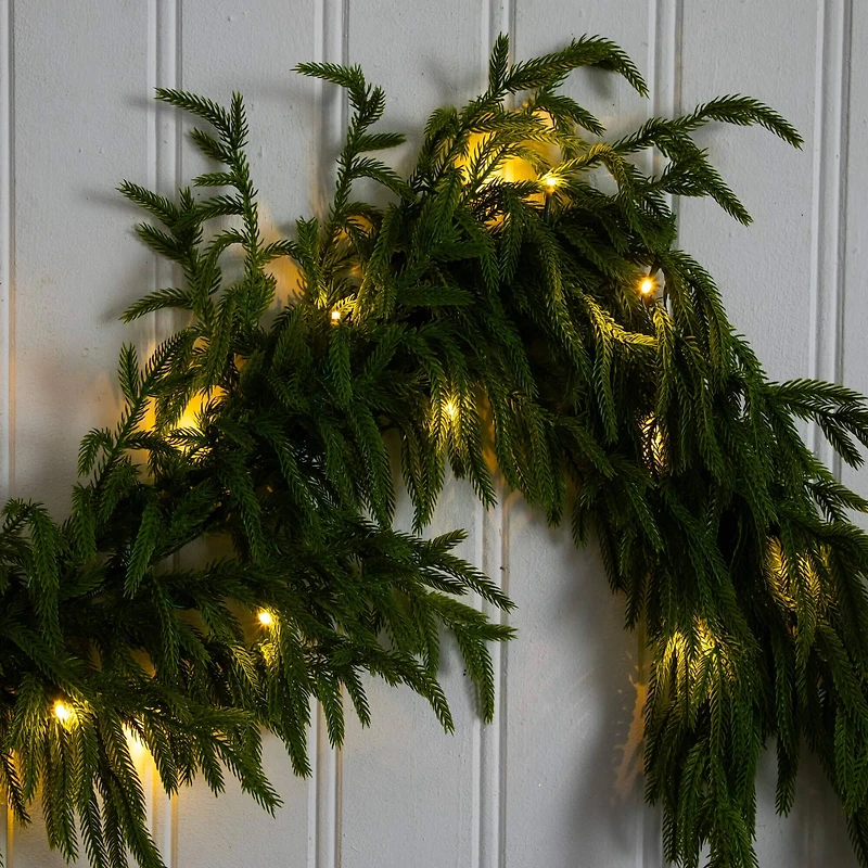 6ft. Pre-Lit Artificial Real Touch Norfolk Island Pine Garland with 35 Warm White LED Lights and Natural Look