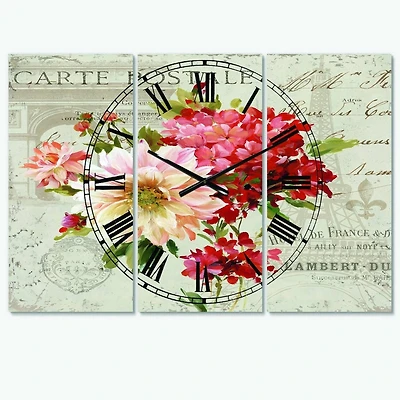 Designart Red Painted Flowers On Vintage Postcard I Multipanel Wall Clock