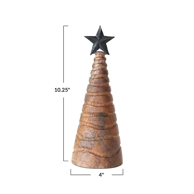 Hello Honey® 10.25" Tall Carved Mango Wood & Metal Christmas Tree with Black Star