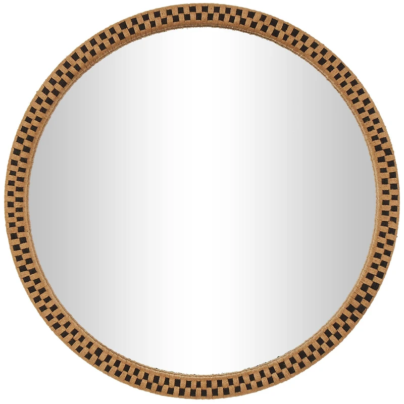 Woven Checkered Rattan Framed Round Wall Mirror
