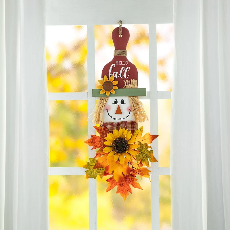 Glitzhome® 26" Fall Wood Scarecrow Floral Door Hanger