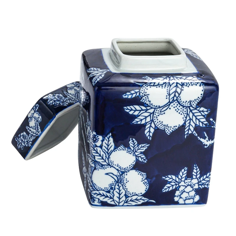 Hello Honey® 8" Blue & White Square Ceramic Ginger Jar with Lid