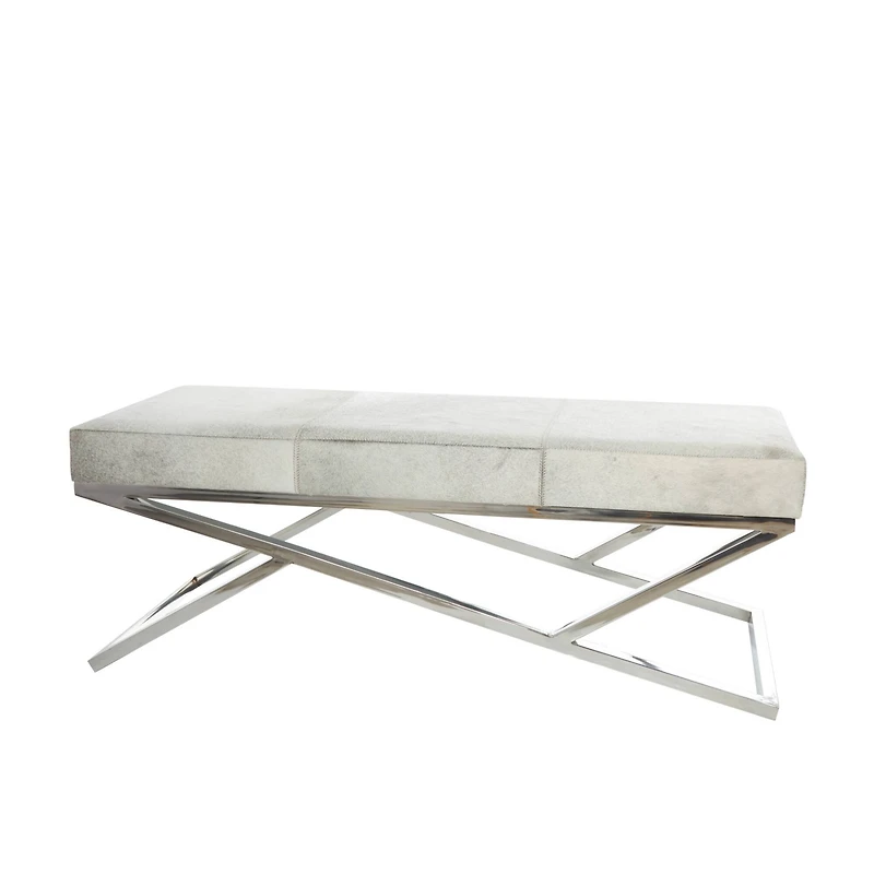 Light Gray Leather Geometric Bench with Angled Silver Metal Base