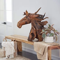 Brown Teak Wood Natural Horse Sculpture 33" x 31" x 13"