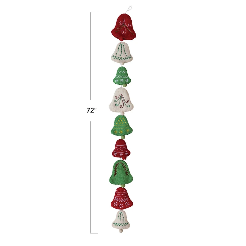 Hello Honey® 6ft. Cream, Red & Green Handmade Wool Felt Embroidered Bells Garland
