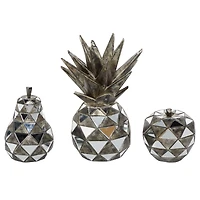 Set of 3 Silver Polystone Contemporary Fruit Sculpture, 4.5", 6.25", 10.5"