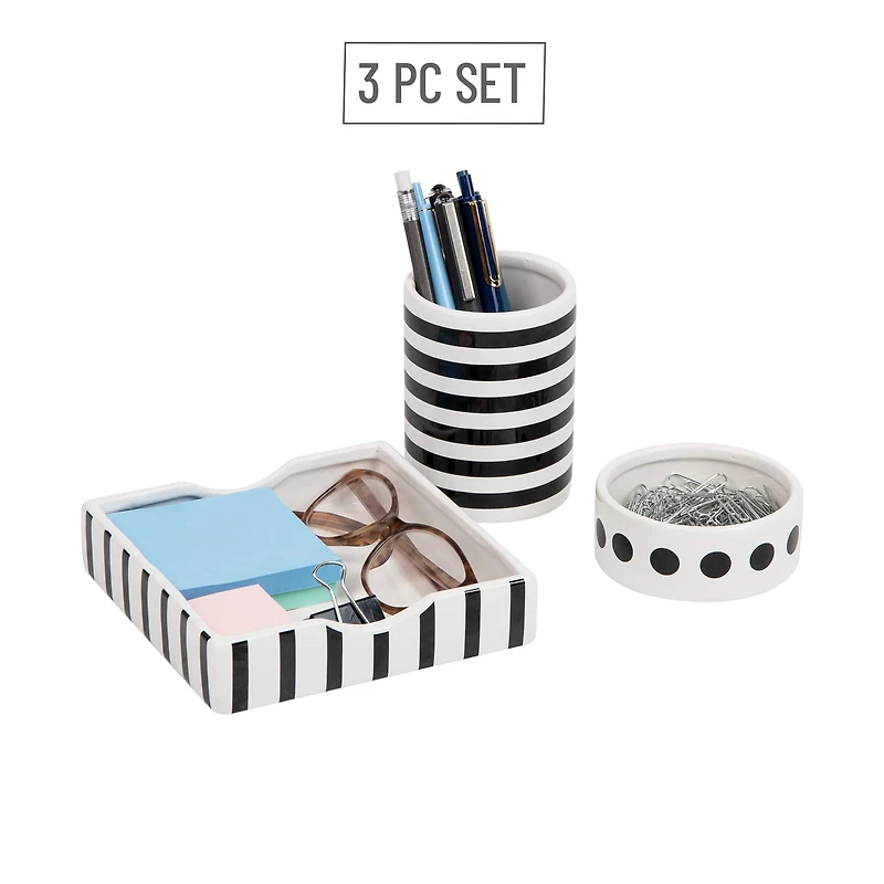 Mind Reader Ditto Collection Black & White Pen Cup, Clip Dish & Memo Tray Set