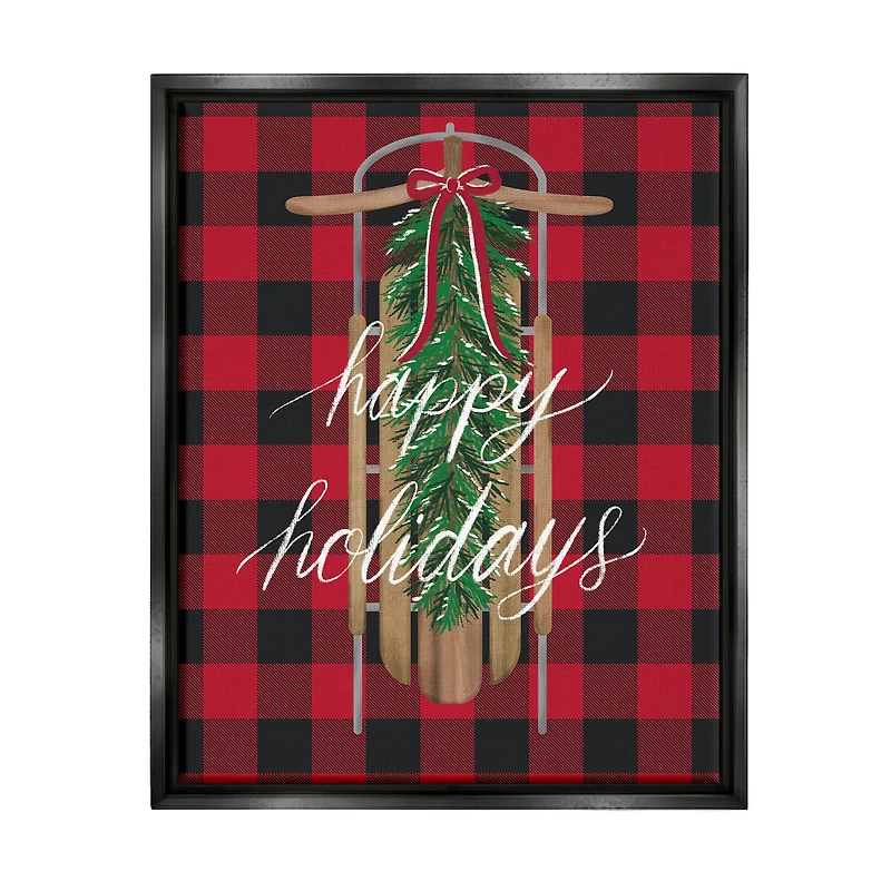 Stupell Industries Happy Holidays Tartan Sled Framed Floater Canvas Wall Art