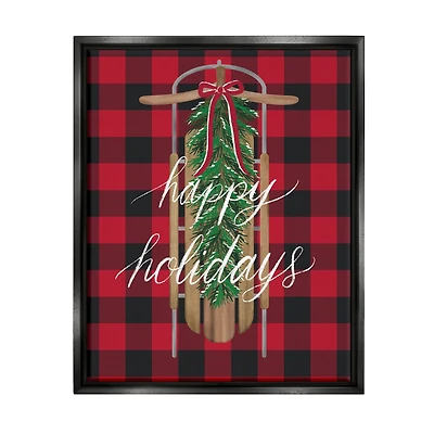 Stupell Industries Happy Holidays Tartan Sled Framed Floater Canvas Wall Art