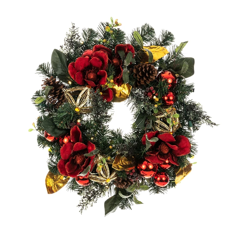 Village Lighting 24" Pre-Lit Red Magnolia Christmas Wreath, Clear LED Lights