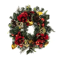 Village Lighting 24" Pre-Lit Red Magnolia Christmas Wreath, Clear LED Lights