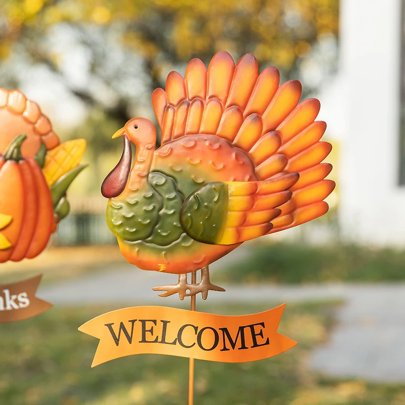 Glitzhome® 36.25" Thanksgiving Metal Turkey & Croissant Yard Stake Set