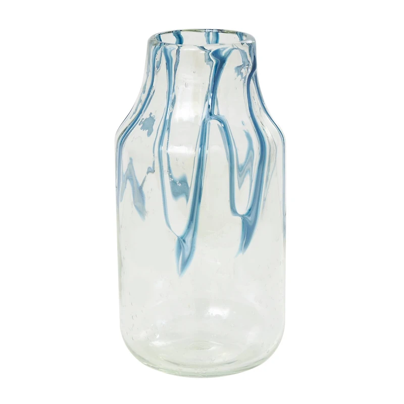 13" Cream with Wavy Blue Design Abstract Glass Vase