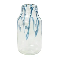 13" Cream with Wavy Blue Design Abstract Glass Vase