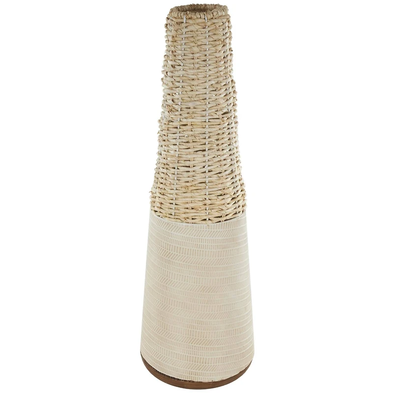 Light Brown Rattan Handmade Woven Vase with Beige Metal Base