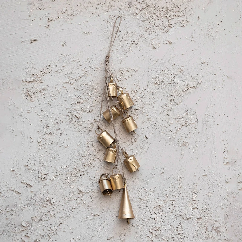 Hello Honey® 13" Gold Handmade Hanging Metal Bells on Jute Rope
