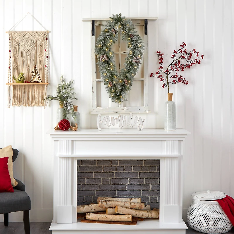 3ft. White LED Lights Geometric Diamond Christmas Frosted Wreath With Pinecones