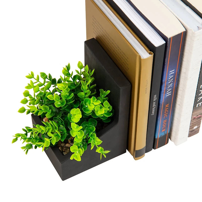 Mind Reader Contemporary Planter Bookends, Book Holders with Faux Greenery, Decorative Desktop or Shelf Organizer, Cement, Set of 2, Black