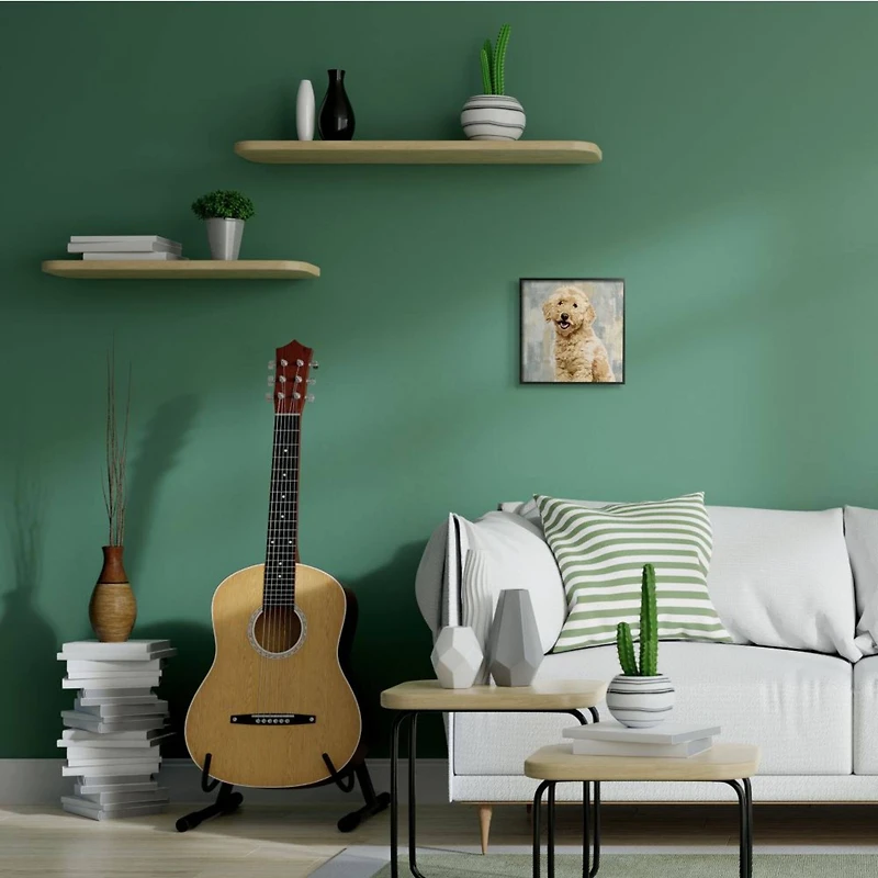 Stupell Industries Smiling Labradoodle Dog Patchwork Grey Beige Pattern Framed Wall Art