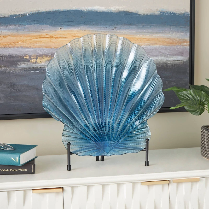 19" Blue Ombre Glass Seashell Charger with Metal Stand