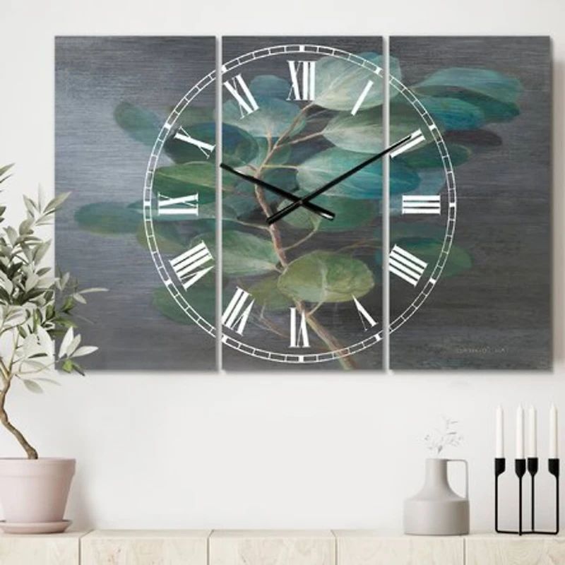 Designart Fresh Leaves 3 Panel Farmhouse Wall Clock