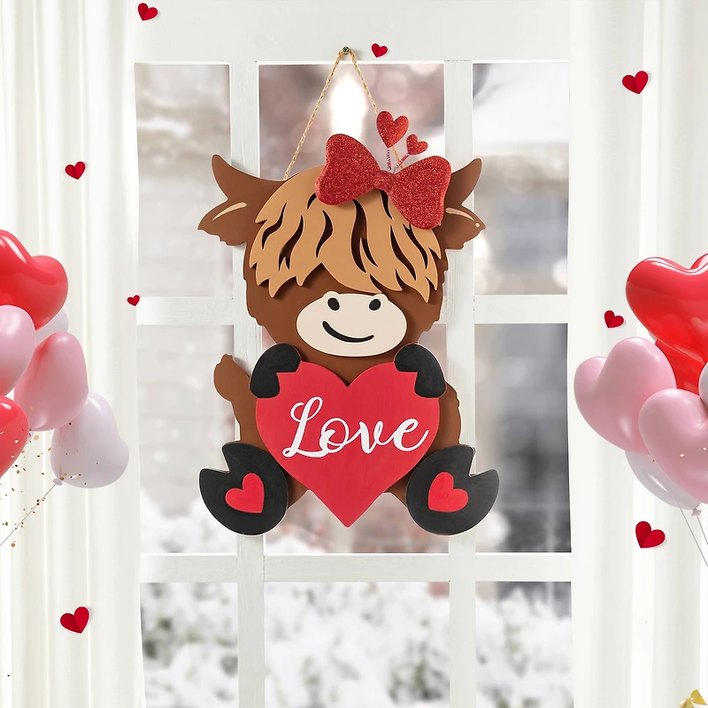 Glitzhome® 18" Valentine's Wooden Highland Cow Door Hanger