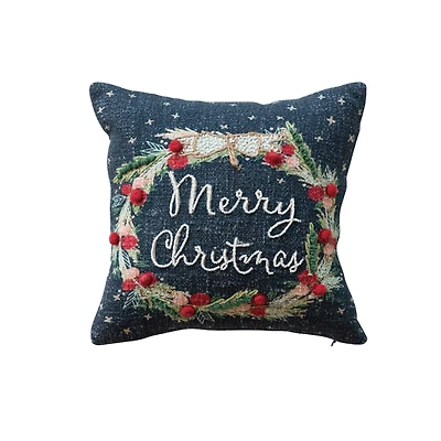 Hello Honey® 12" Merry Christmas Embroidered Wreath with Pom Poms Cotton Pillow