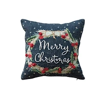 Hello Honey® 12" Merry Christmas Embroidered Wreath with Pom Poms Cotton Pillow
