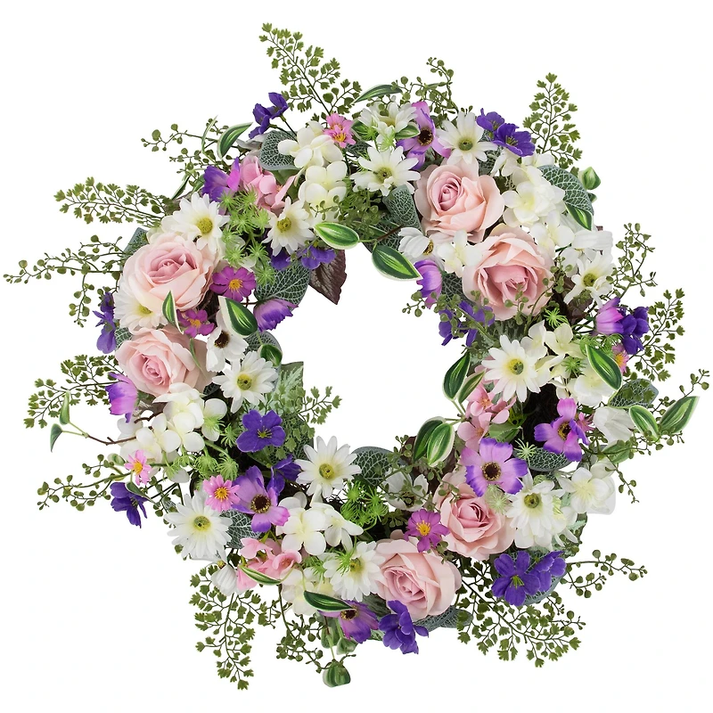 24" Mixed Floral & Fern Artificial Spring Wreath