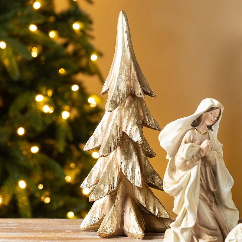 Glitzhome® 5-Piece Gold Resin Holy Family with Christmas Trees Set