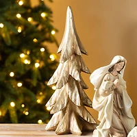 Glitzhome® 5-Piece Gold Resin Holy Family with Christmas Trees Set