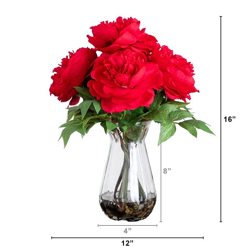 16" Red Peony Arrangement in Glass Vase