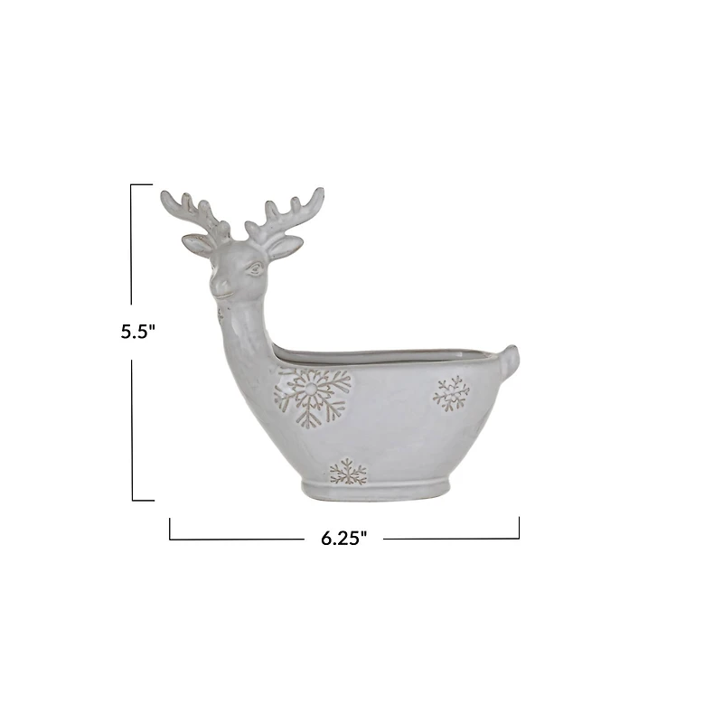Hello Honey® 5.5" White Stoneware Deer Shaped Bowl with Snowflakes & Reactive Glaze
