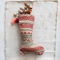 Hello Honey® 20" Woven Acrylic Jacquard Stocking with Pattern, Metallic Gold Thread Embroidery, Tassel & Pom Pom