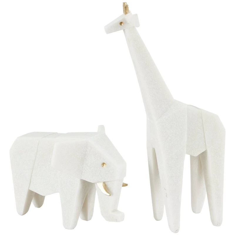 White Polystone Elephant & Giraffe Cubist Inspired Sculpture Set