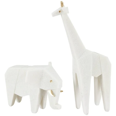 White Polystone Elephant & Giraffe Cubist Inspired Sculpture Set
